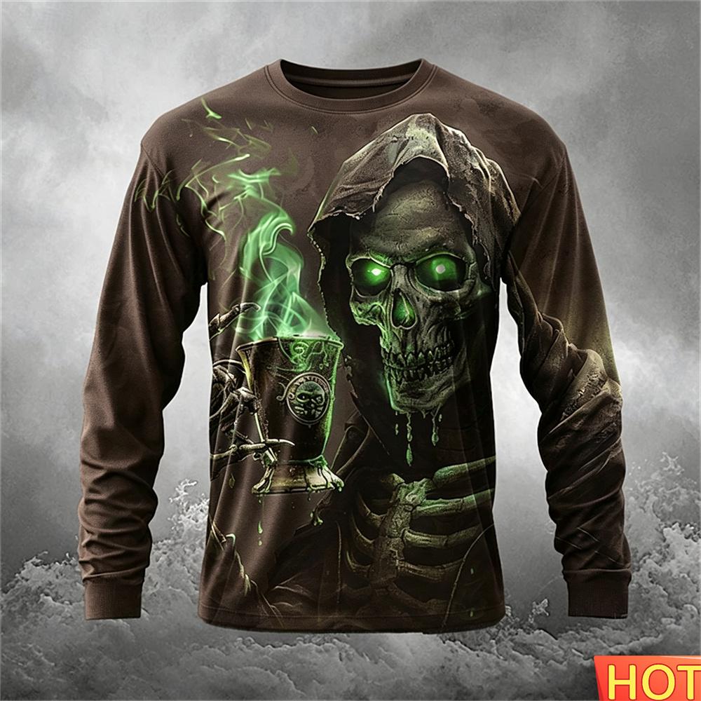 Skeleton Men's Casual Round Neck Long Sleeve Autumn Winter Round Neck Pullover Fashion Streetwear Graphic T-shirts Gifts for Men