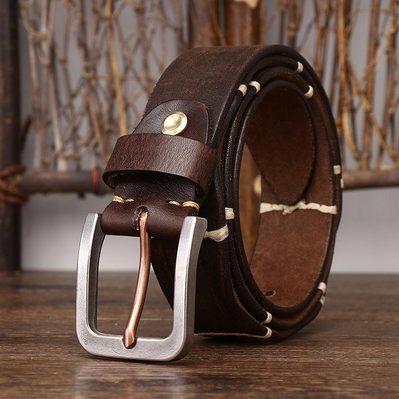 Thick Thread Decorative Genuine Leather Pure Cowhide Personality Trendy Versatile Men's Pin Buckle Jeans Belt