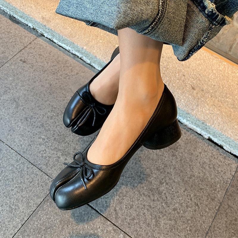 IPPEUM Tabis Shoes Split Toe Ballet Flats Plus Size 43 Women Mary Janes Low Heel Black Leather Ballerinas Zapatos Mujer