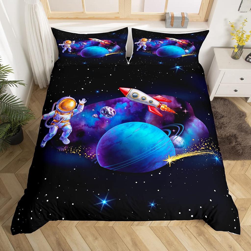 Astronaut Soft Duvet Cover Set Quen Sized Dimensions, Outer Space Beding Set 3pcs for Children Kids Young Girls Adult Peoples,Warm Comforter Cover