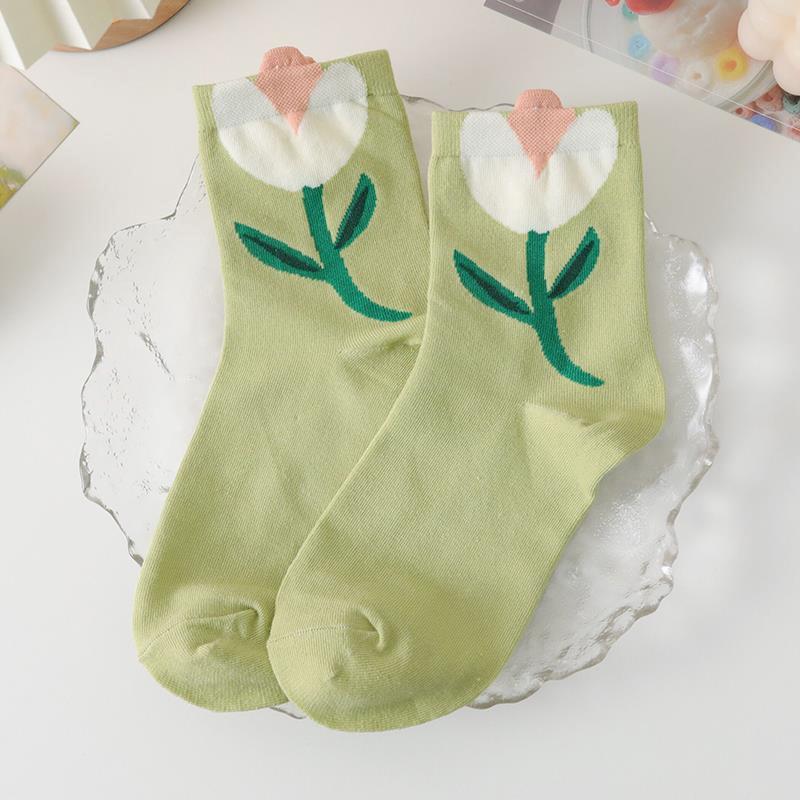 Cotton Women Socks Casual Breathable Japanese Korean Style Cartoon Flower Candy Color  Female Middle Tube Sock