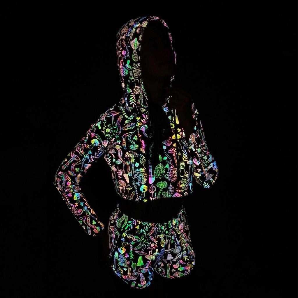 Women's Reflective Mushroom Print Hoodie - Trendy Colorful Pullover Top