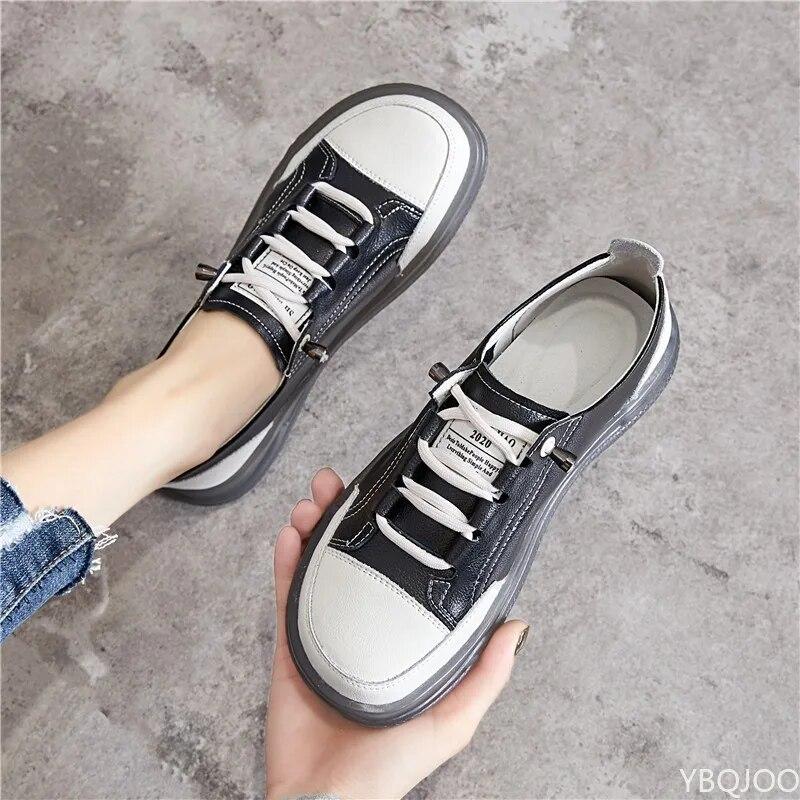 Genuine Leather Women's Flat Sneakers Large Size 35-41 Autumn Vulcanized Casual Shoes Comfortable Flats Ladies Footwear