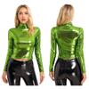 Womens Metallic Long Sleeve T-Shirt Fashion Shiny Top Slim Fit Mock Neck Tops Cocktail Dancing Party Club Music Festival Costume