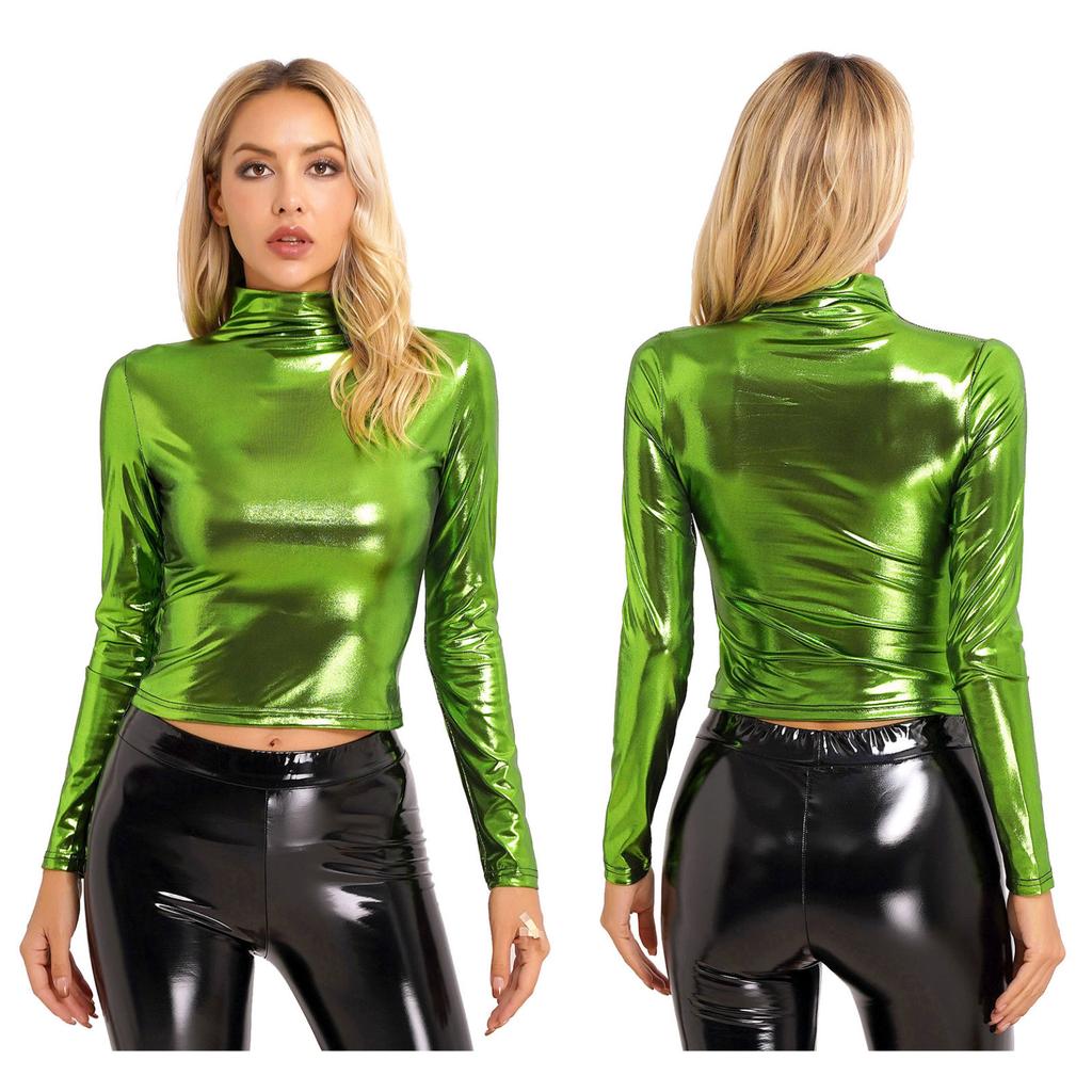 Womens Metallic Long Sleeve T-Shirt Fashion Shiny Top Slim Fit Mock Neck Tops Cocktail Dancing Party Club Music Festival Costume