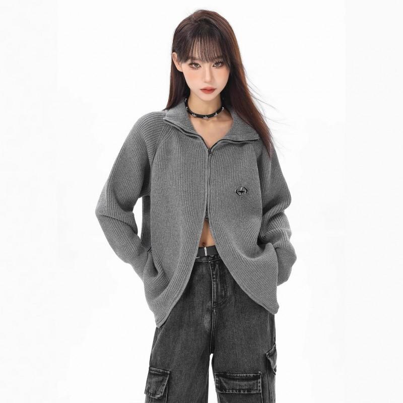 Womens Gray High Neck Zip-Up Knit Cardigan Oversized Loose Fit Winter Sweater Coat