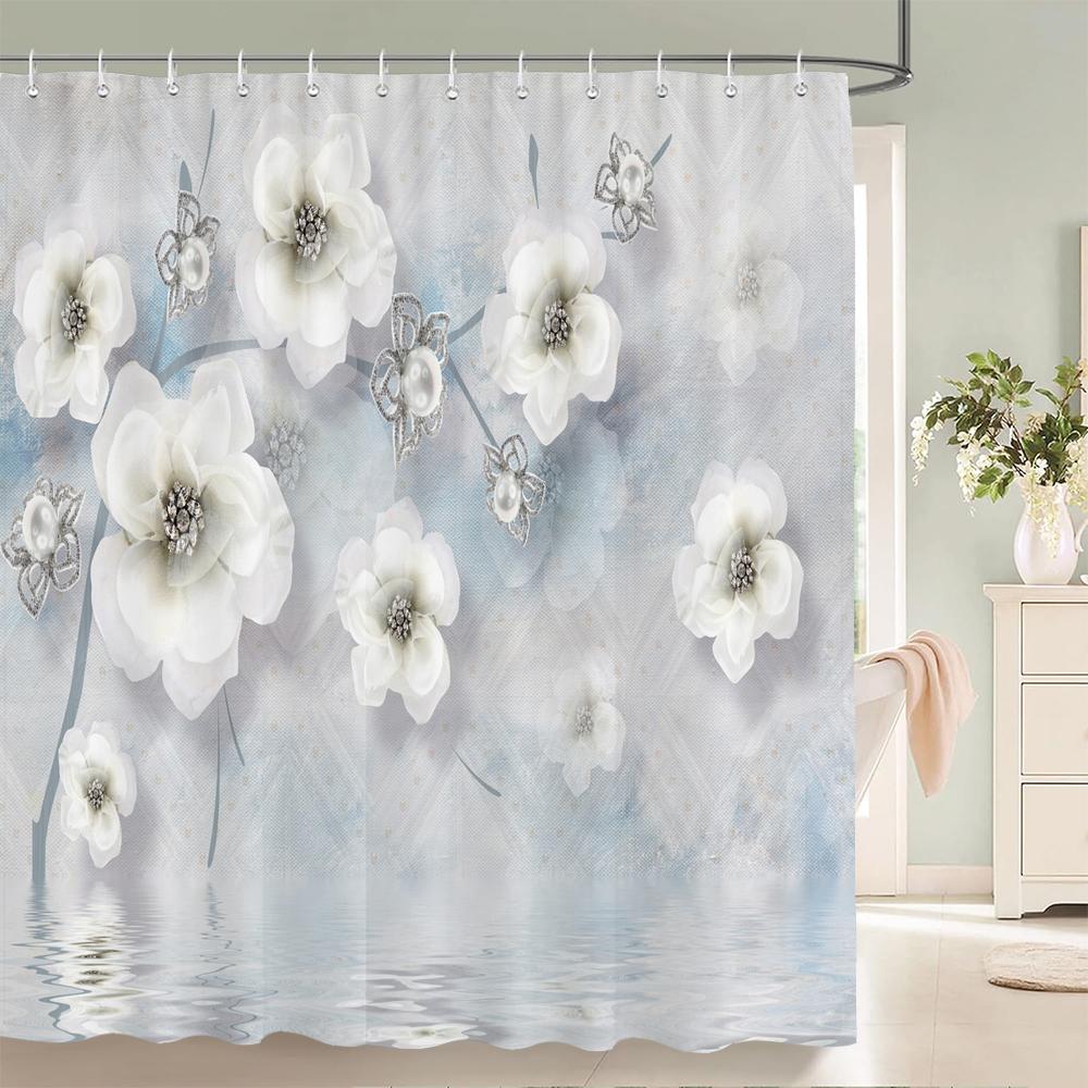 Mönster med blommor och fåglar Duschdraperi 3D Badskärm Vattentätt tyg Badrumsinredning 240X180cm Med krok Duschdraperier