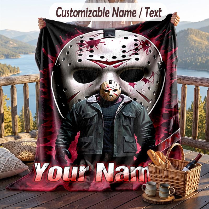 Custom Text Flannel Throw Blanket, Lightweight Cozy Bed Sofa BlanketFriday the 13th Jason Voorhees