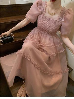 Summer French Vintage Chiffon Dress Square Collar Puff Sleeves A-line Princess Dress Korean Elegant Fashion Dress for Women