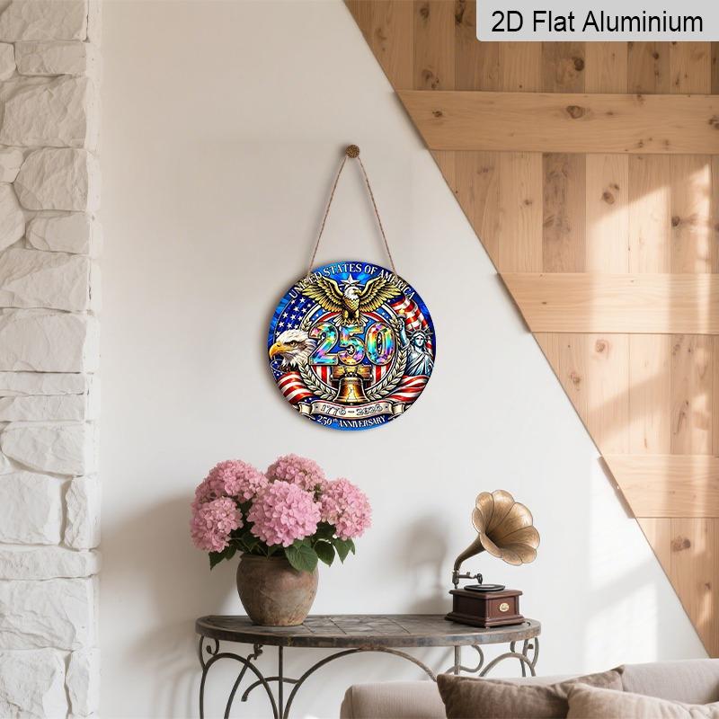 2D Flat Retro Round Aluminum Wall Hanging, 250th Independence Day Lettering Design, Indoor Outdoor Wall Decor, Commemorative Home Gift