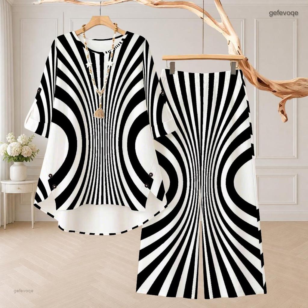 Women Plus Size Two Piece Pant Set Round Neck Half Sleeve Black White Printed High Low Top Wide Leg Pants