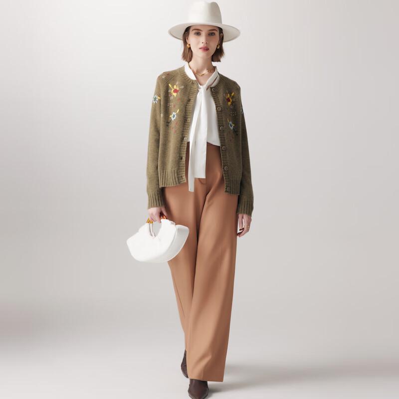 Paluopo Women's 100% Cashmere Embroidered Round Neck Cardigan