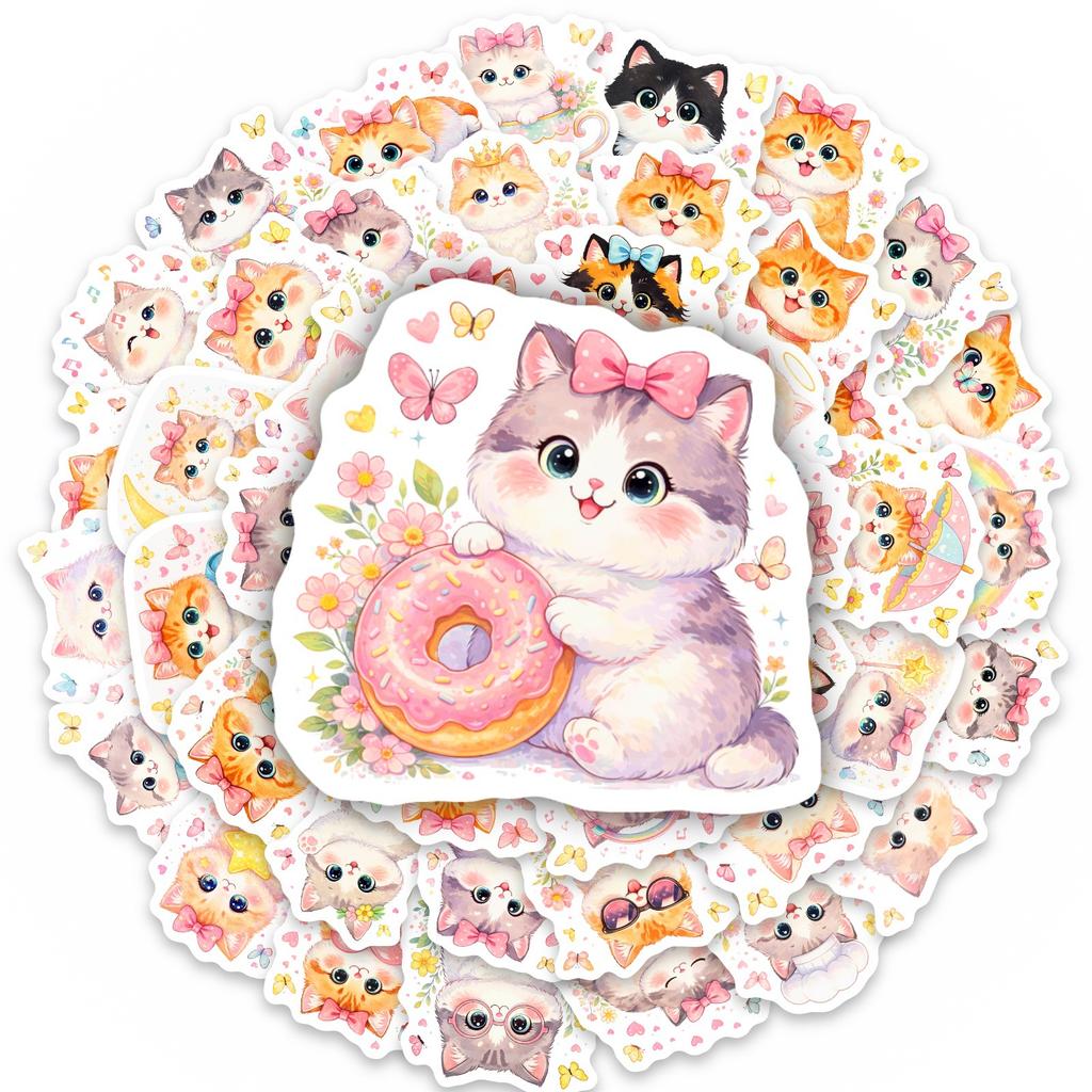 50 Watercolor Soft Cute Cat Stickers Cute Cartoon Kitten Luggage Notebook Handbook Stickers
