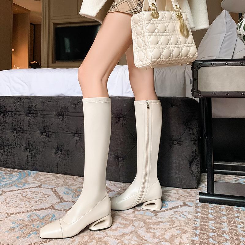 Autumn and Winter Velvet Knight Boots Square Head and Legs But Knee White Thin Boots Elastic Boots Long Boots High Boots Long Boots