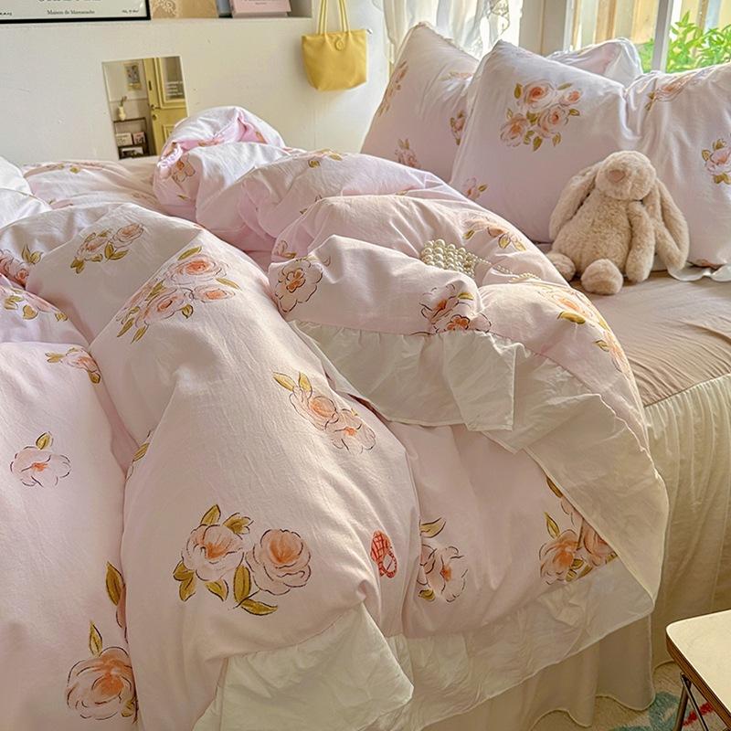 Small Fresh Pure Cotton Four-piece Set Lace Korean Version Princess Style Washed Cotton Bed Skirt Quilt Cover Cream Style Bedding