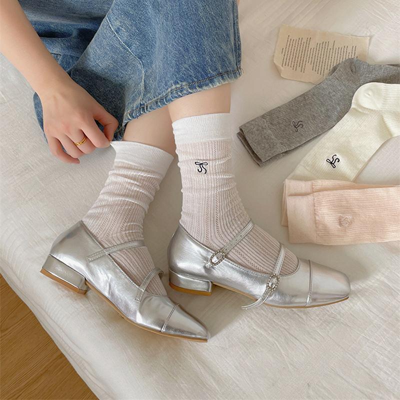 Woman Ultra Thin Version  Ins Bow Solid Color Mesh Mid Tube Breathable Socks Black White Grey Girl  Style Sweet Socks