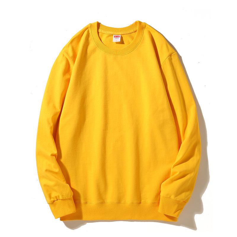 Spring Crew Neck Sweatshirt: Drop Shoulder, Solid Color, Long Sleeve, Logo-Printed Workwear.
