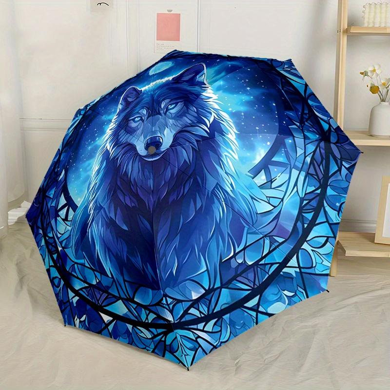 

1pc Blue Wolf Umbrella - Automatic Open/Close, Compact Lightweight Retractable Umbrella with Wolf Head Design, Windproof 8-Rib (as the picture,Iron&8K)