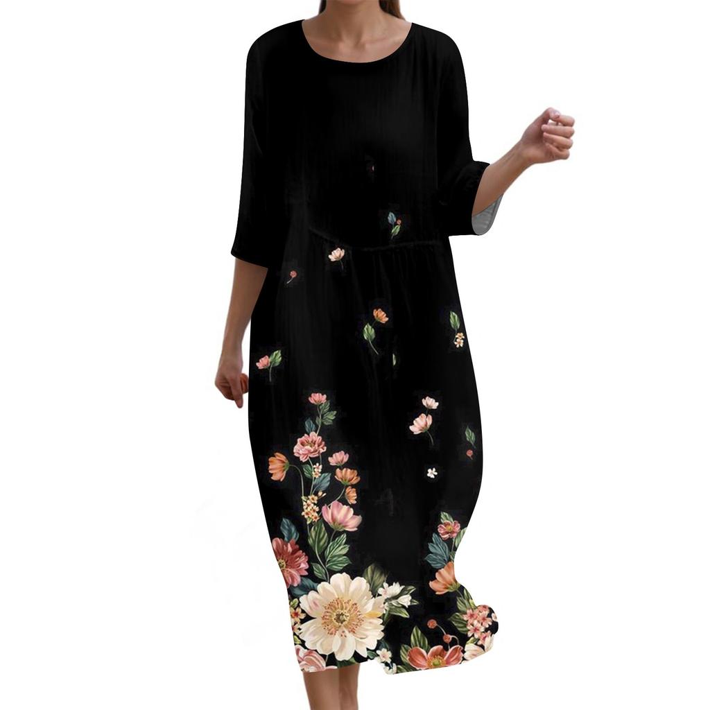 Damen Modisches Bedrucktes Rundhals Siebenviertelärmel Lockeres Kleid