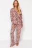 Women's Fashion Beige 100% Cotton Animal Patterned Shirt-Pants Knitted Pajama Set