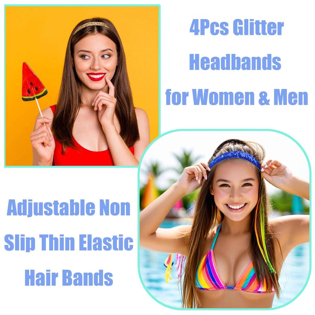 Adjustable Glitter Sequin Headbands for Women, Non Slip Velvet Lined Sports Yoga Hair Bands, Sparkly Elastic Head Wraps for Party Festival Gym Running