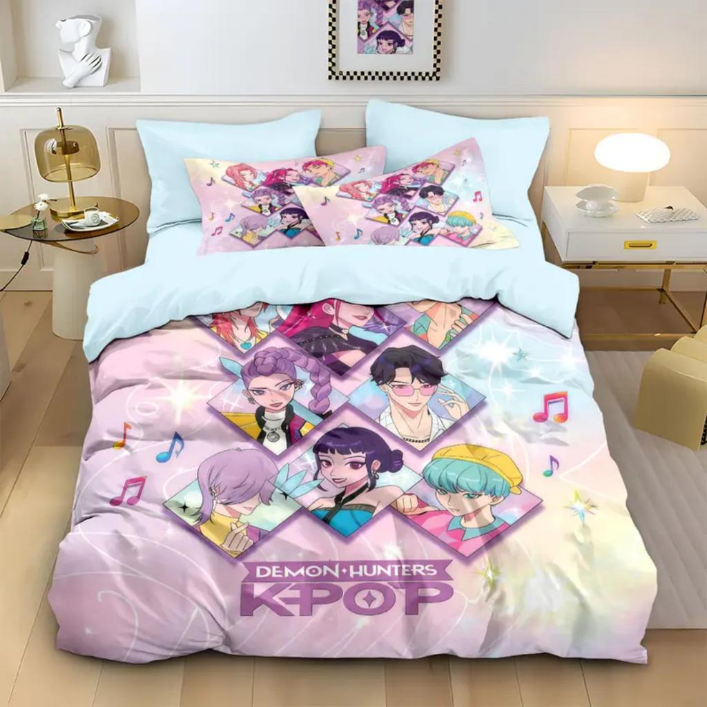 KPop D-Dämonenjäger Bettwäscheset Einzel Halloween Kostüm Bettwäscheset - 2-3-teilige Bettdecke Steppdecke Bettbezug Kissenbezug Sets