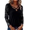Spring and Autumn New Fashion Sequined Splicing Long Sleeve V-Neck Women's Versatile Top T-Shirt