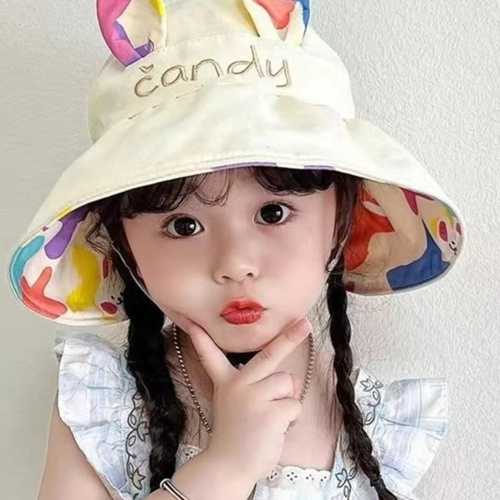 Cotton Children Rabbit Ears Sun Hat Adjustable Wide Brim Hat Kids Empty Top Sunscreen Hat  Running