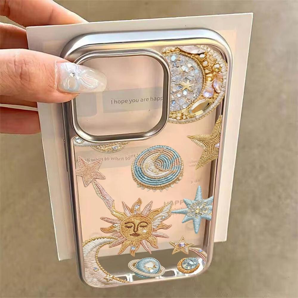 Stars and Moon Art Design Clear Phone Case For iPhone 17 Air 16 e 15 14 13 12 11 Pro Max Plus SE Plating Drop Coque Cover