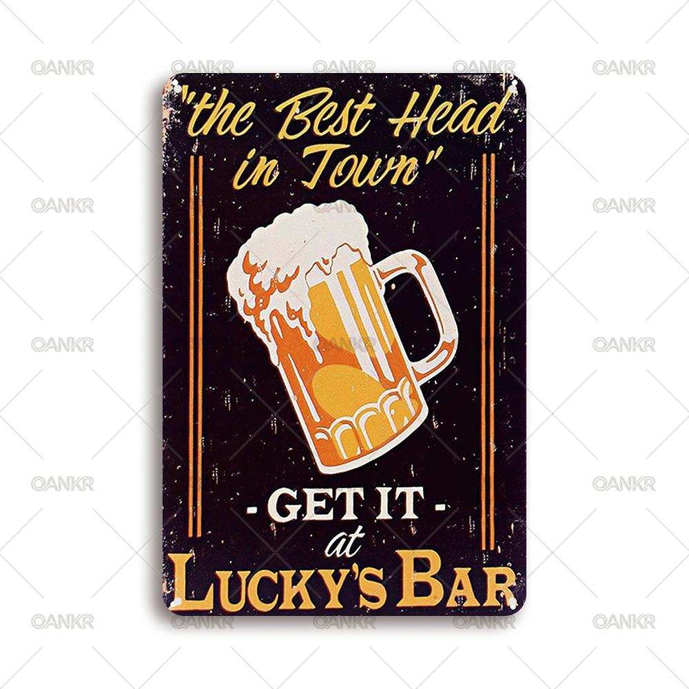 

Vintage Art Beer Poster Metal Tin Sign The Best Head In Town Get It At Luckys Chic Gift Metal Signs for Pub Bar Home Wall Decor 20x30cm（7.8x11.8inch）