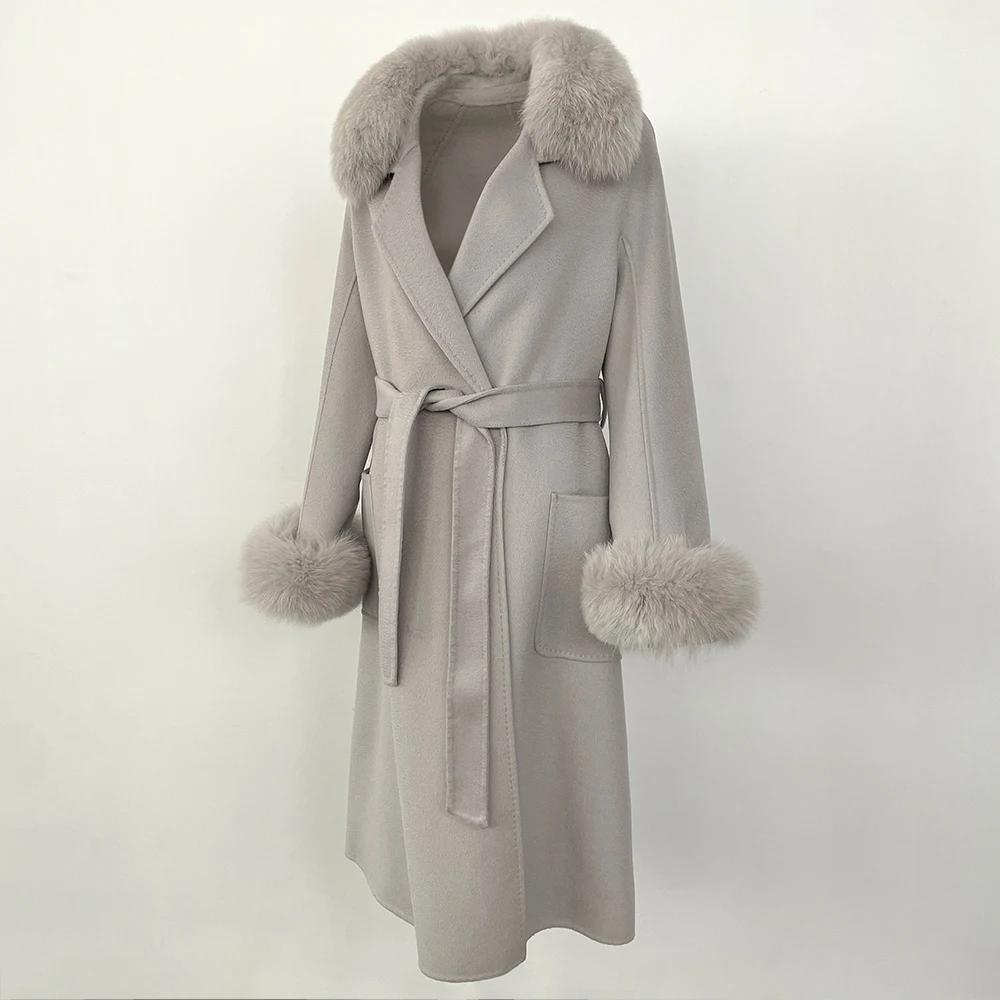 Woman Trend 2024 Autumn Winter 100% Double-sided Wool Coat Ladies Real Fox Fur Collar Detachable Long Coat