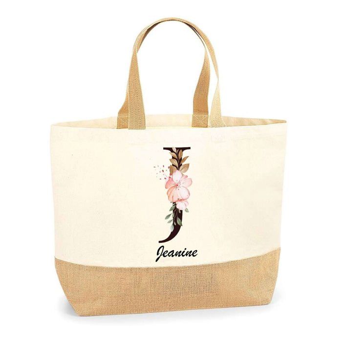 Cabas en jute - PLANETEE - Jeanine Lettre Fleur - Multicolore - Jute naturel - Fabriqué en France