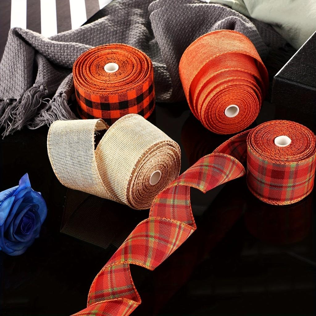 Catching Thanksgiving Eye Burlap Ribbon Set With Elegant Orange Checkered Patterns For Styling Home