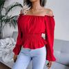Fashion Elegant Off-shoulder Hem Ruffle Edge Blouse Women Slim Fit Pleated Solid Color Shirt Long Sleeve Casual Simple Short Top Sexy Women's Clothing