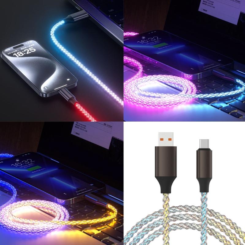 Braided Type C Charges Cable with Light Effects 66W Rapid Charges Cord 1m Length Charging Cable for Multiple Devices