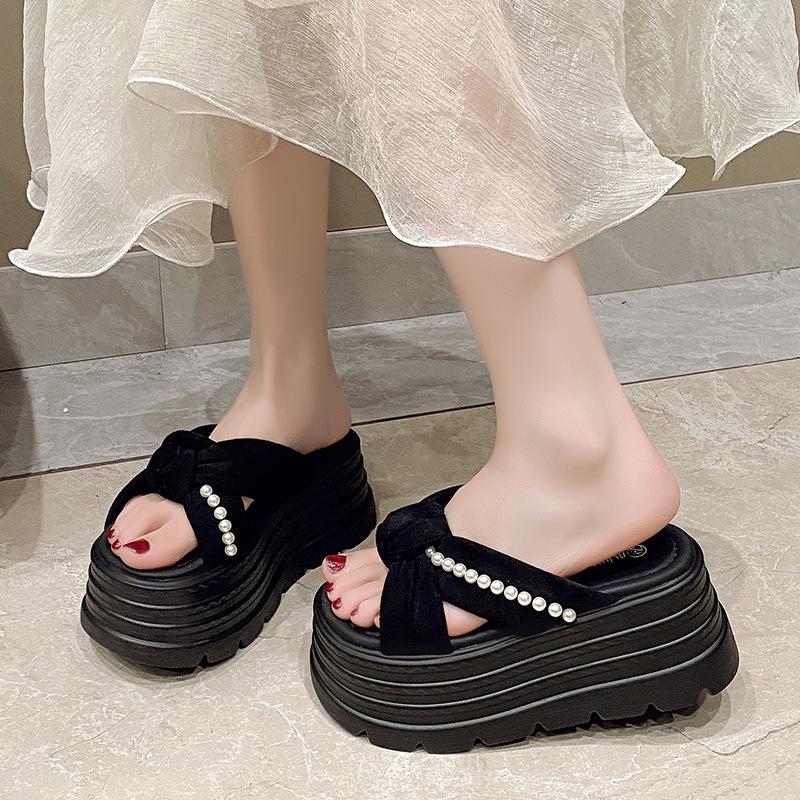 Thick-bottomed Pearl Slippers Women's Fashion Outer Wear 2025 Summer New Versatile Height Increase 9cm Bow Muffin Sandals