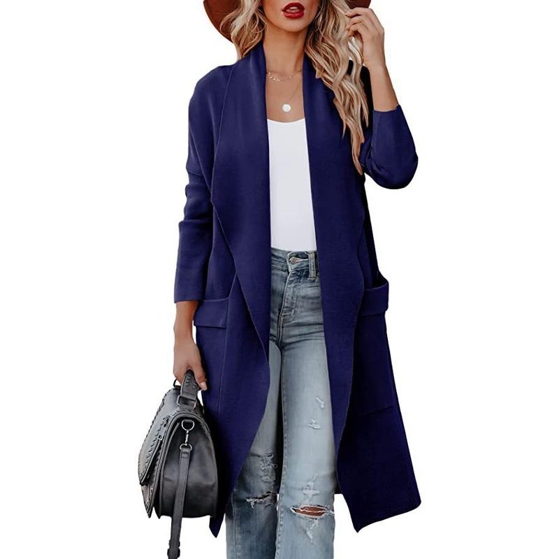 Women's Lapel Long Sleeve Open Front Cardigan Loose Fit British Style Long Knit Coat