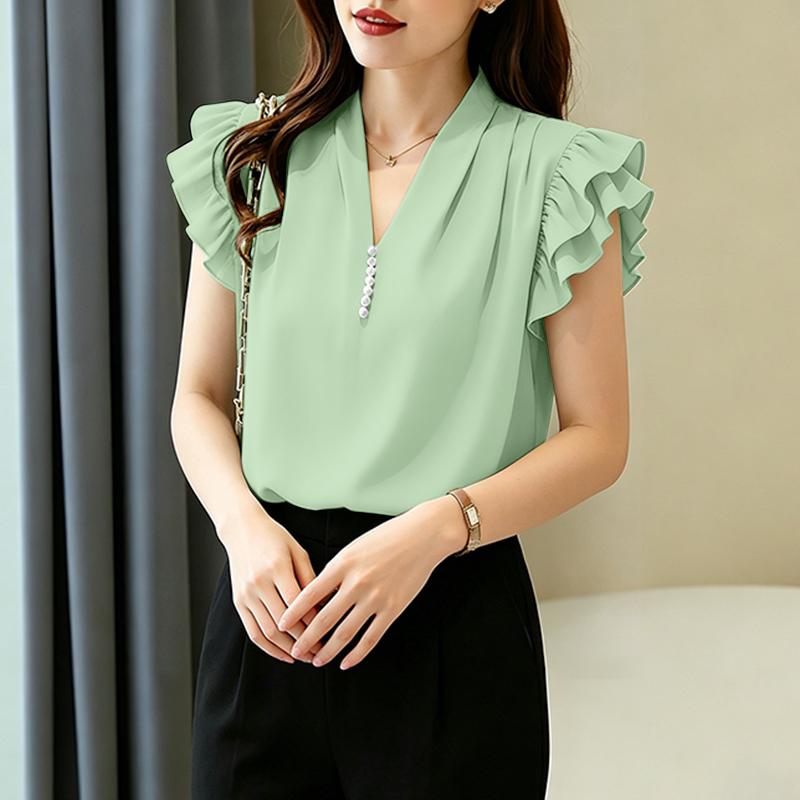 ZANZEA Women Casual V-Neck Ruffles Short Sleeve Elegant Blouse S