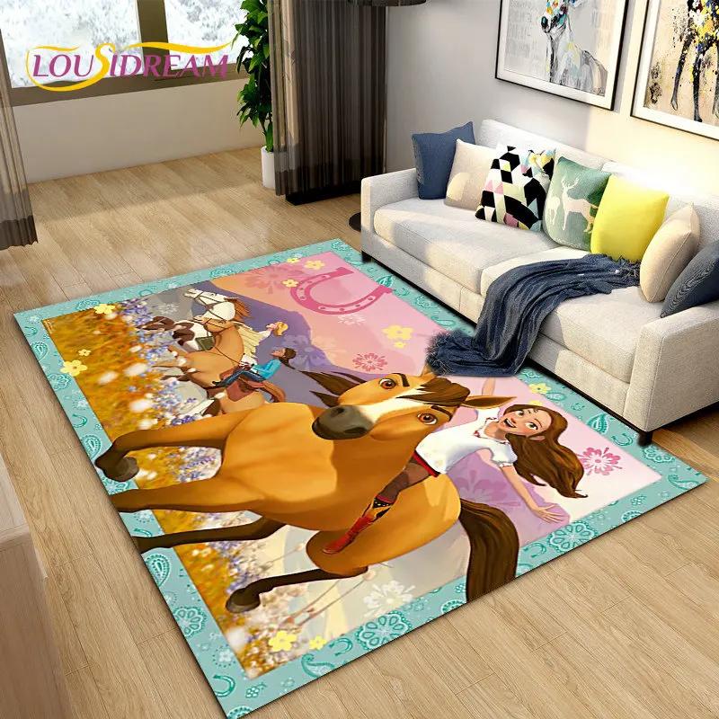 Cartoon Spirit Riding Free Horses Area Rug,Carpet Rug for Living Room Bedroom Sofa Doormat Decoration, Kids Non-slip Floor Mat