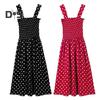 Summer Women Dress Dot Print Sleeveless Elastic Bust Square Neck A-line Big Hem Pleated Mid-calf Length Dating Shopping Midi Dress