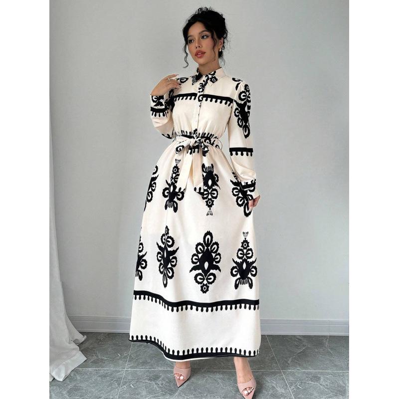 Live Shot 2025 European & American Fashion Long Sleeve Waist-Gathering Shirt Dress XXL