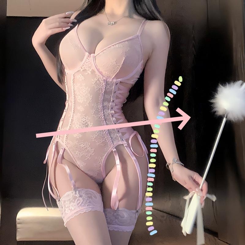 Ballet skirt sexy lace erotic underwear embroidered mesh see-through beautiful back suspender steel support gathering pajama dress