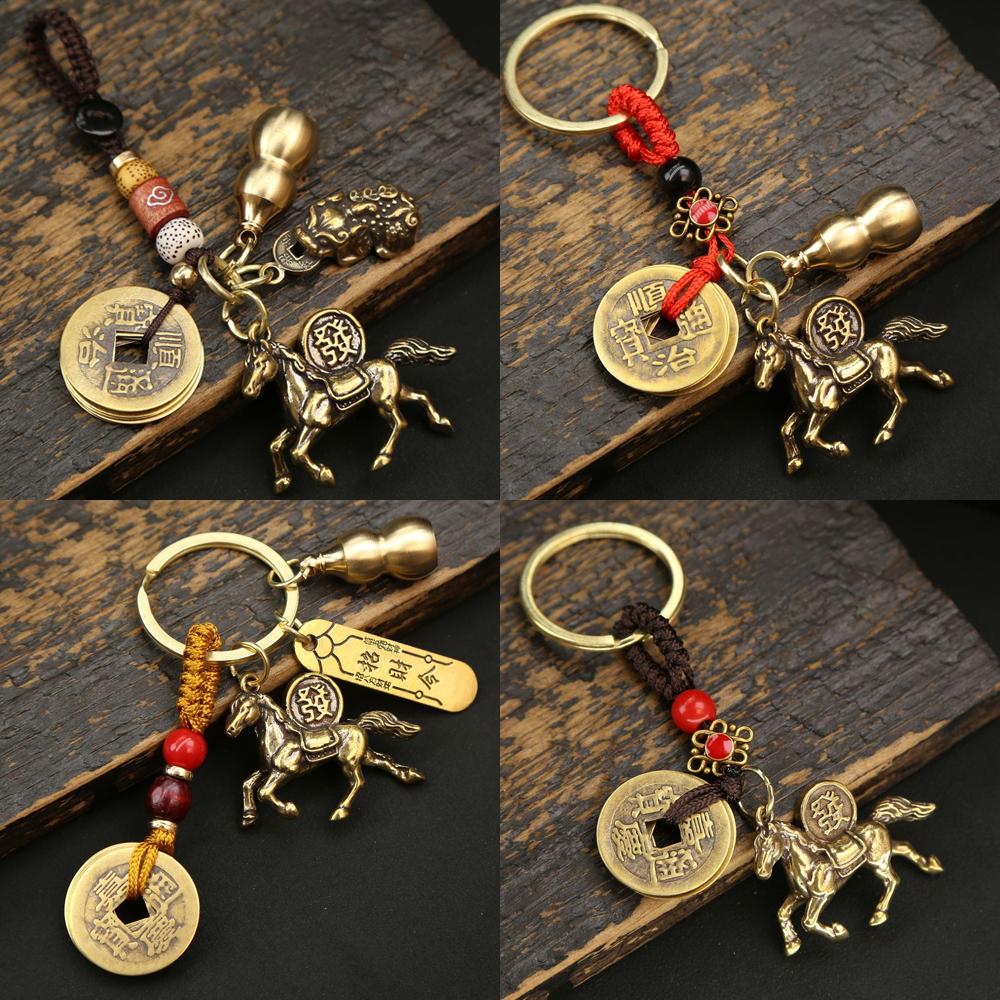 New Year Horse Lucky Pendant Keychain Pi Xiu Feng Shui Wealth Key Ring Vintage Red String Knot Bag Charm Jewelry Gift