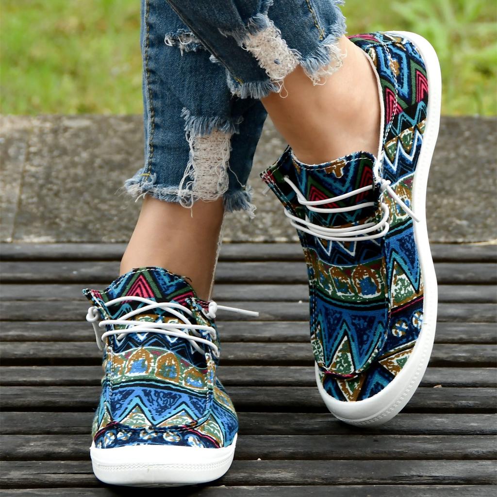 Women's Ethnic Geometric Pattern Lace-Up Slip-On Loafers - Breathable Fabric Round Toe Casual Boat Shoes with TPR Sole
