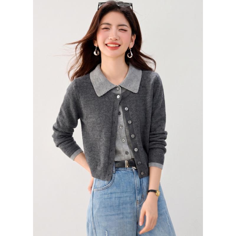 Women's Gray Two-in-One Knit Sweater Cardigan: Autumn 2026 Versatile Outerwear