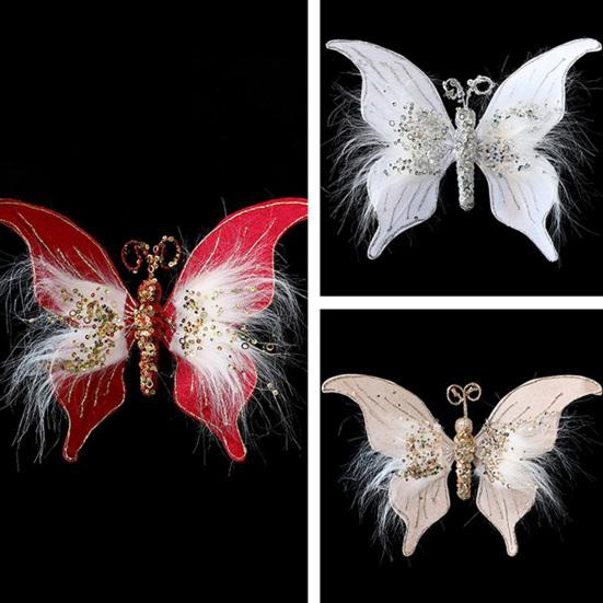 Glitter Butterfly Christmas Ornaments Artificial 3D Sequined Butterfly with Feather for Christmas Tree Crafts Flower Bouquets Fairy Garden Home Decor