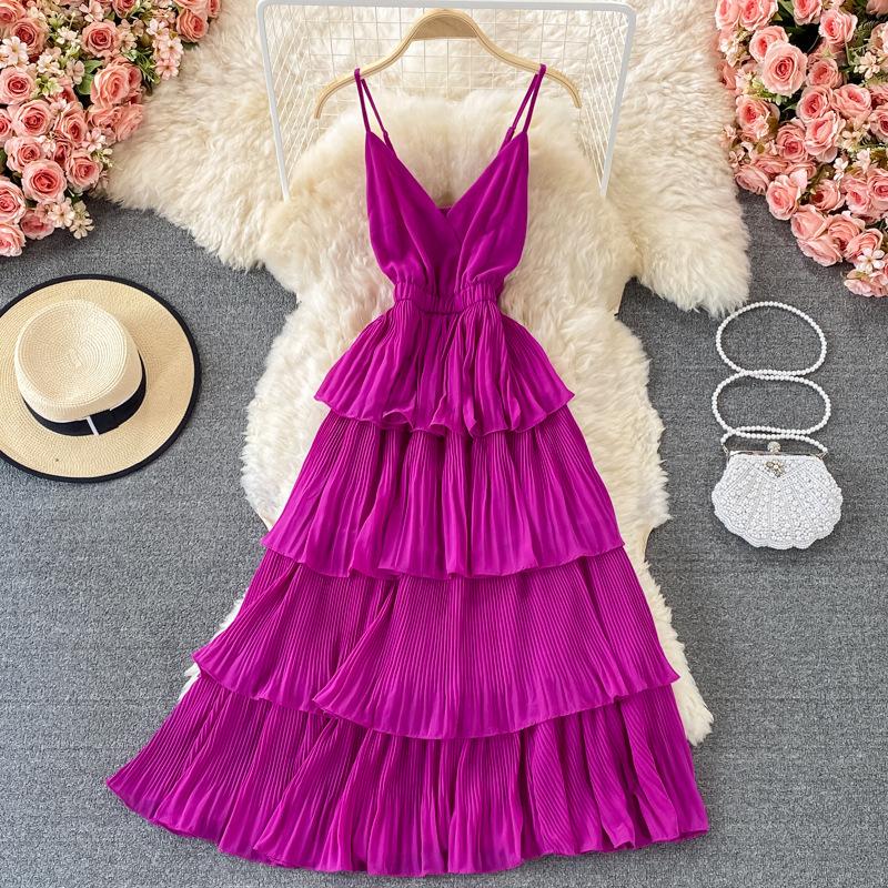 Léto Ženy Přehozené Volánky Špagetové Pásky Šaty Dovolená Plážové Vestido Dámské Elegantní Úzký midi župan s vysokým pasem