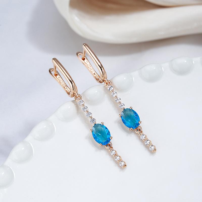 Luxury Blue Natural Zircon Wedding Long Drop Earrings Fashion Rose Gold Crystal Accessories For Women Daily Jewelry