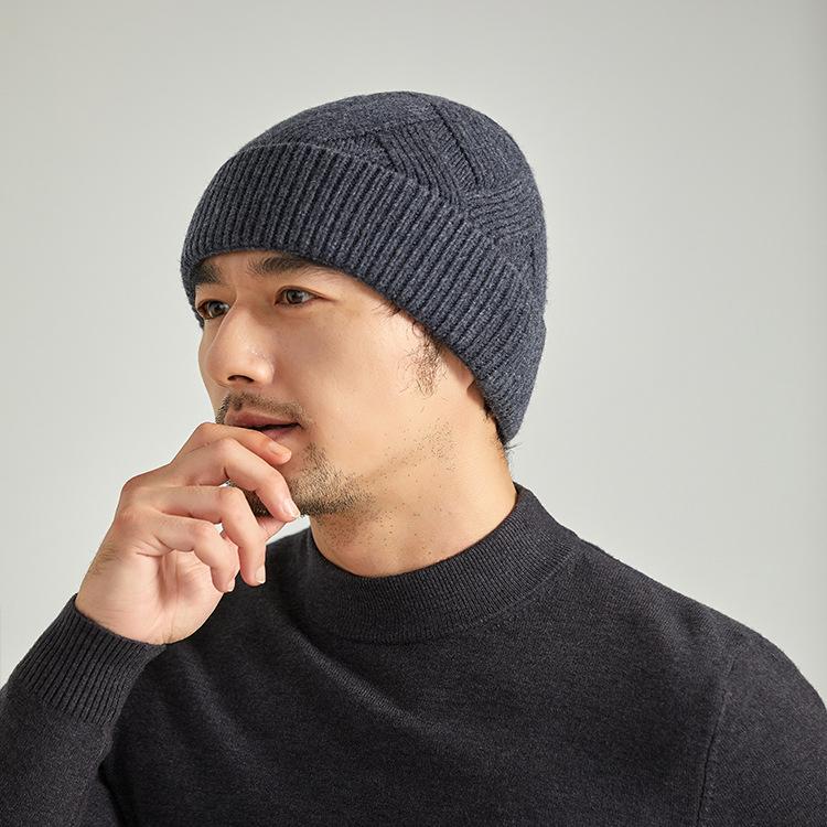 Autumn and winter new pure wool knitted hat warm hat men's fleece thickened adult hat men's cold hat