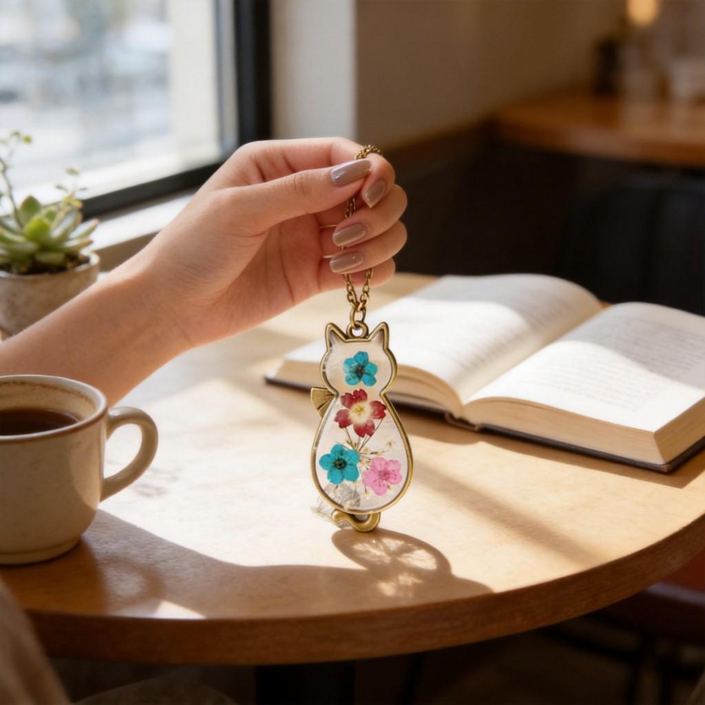 Collana con Ciondolo Gatto Fiori Secchi Naturali Fatto a Mano per Accessori Casual da Donna